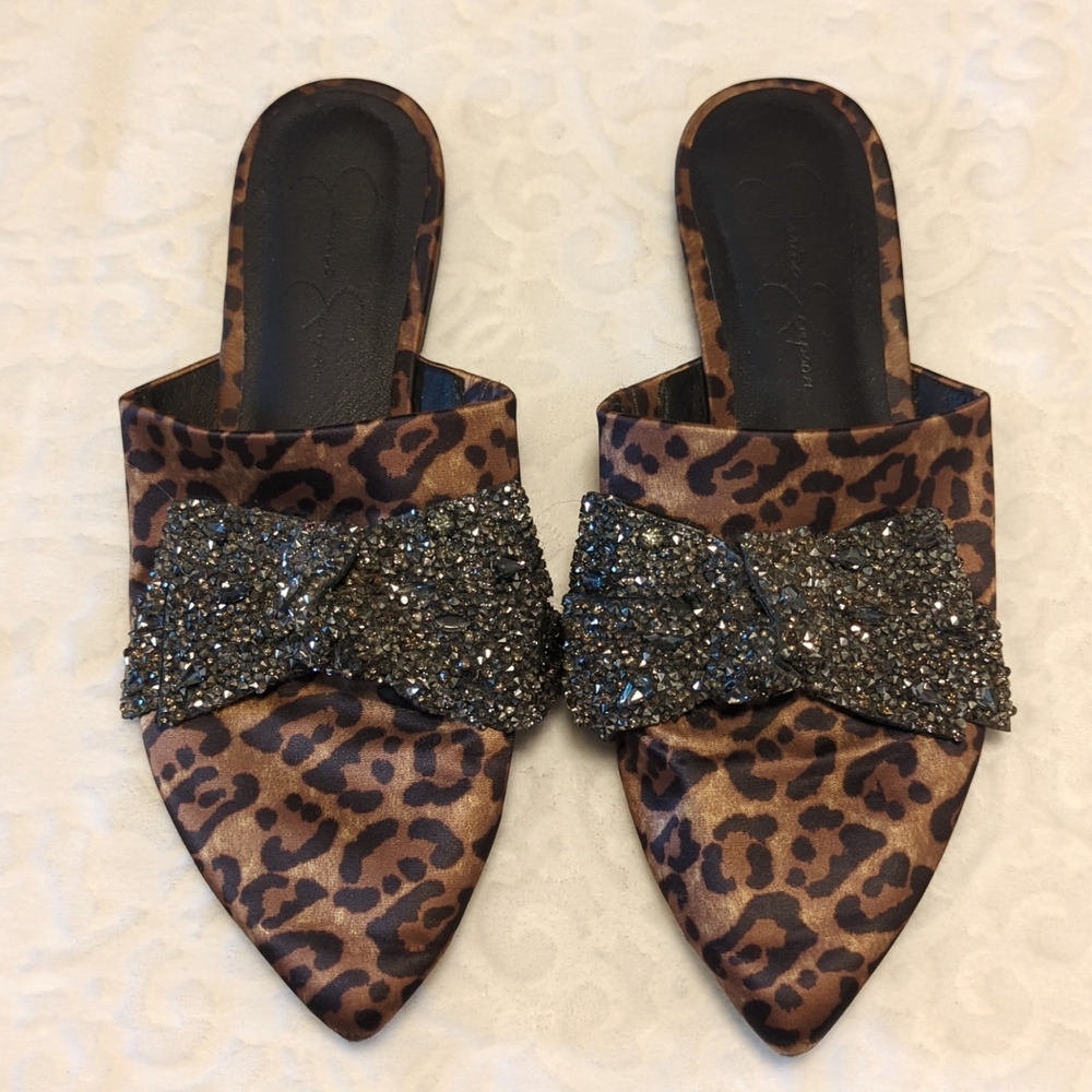 Jessica Simpson Animal Print Mules With Large Rhinestone Bow Size 8.5
